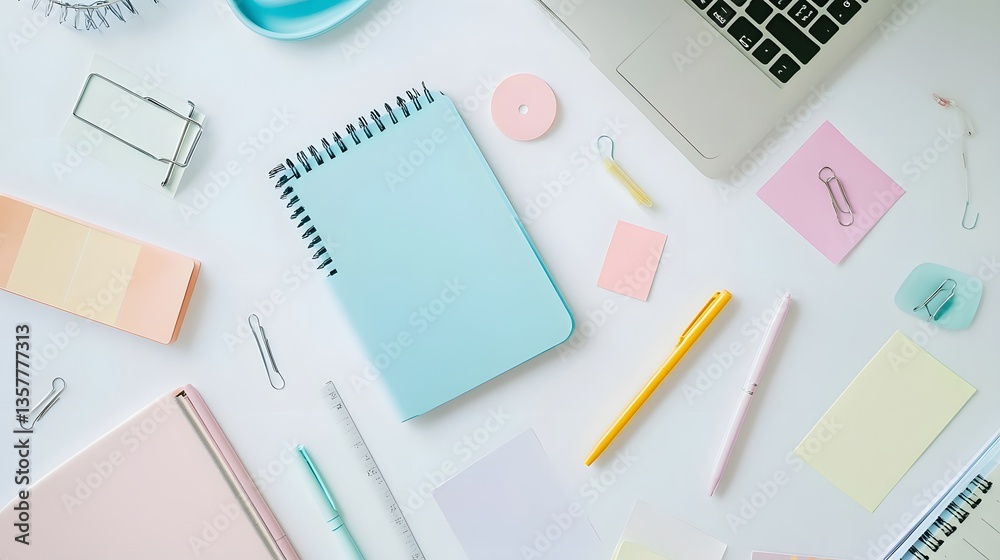 Workspace Essentials: A neatly arranged assortment of office supplies, including a laptop, notebooks, and stationery, creating a clean and organized workspace Workspace Essentials: A neatly arranged assortment of office supplies, including a laptop, notebooks, and stationery, creating a clean and organized workspace