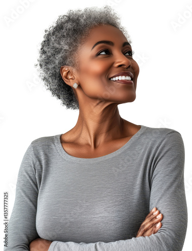 Beautiful older black woman smiling and looking to her right, transparent background (PNG)