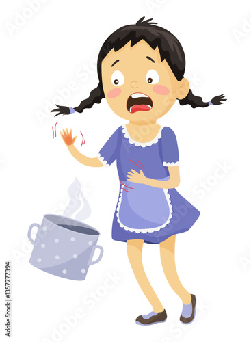 Vector illustration of a girl with a burn on her hand, crying in pain.