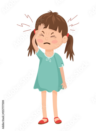 Vector illustration of a girl with a headache, holding her head.
