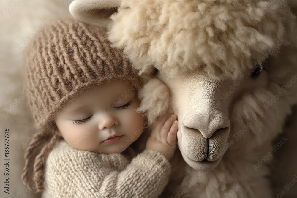 Sleeping baby cuddles a fluffy alpaca, a heartwarming scene of innocence and tranquility. Sleeping baby cuddles a fluffy alpaca, a heartwarming scene of innocence and tranquility.