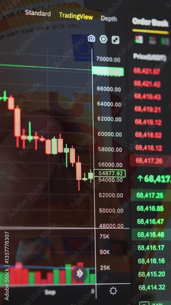 VERTICAL VIDEO: Stock Market chart with candlesticks on the background of EURO bills. Bitcoin price evolution in trading. Cryptocurrency and EURO banknotes. Stock Market and Exchange.