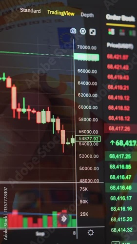 VERTICAL VIDEO: Stock Market chart with candlesticks on the background of EURO bills. Bitcoin price evolution in trading. Cryptocurrency and EURO banknotes. Stock Market and Exchange.