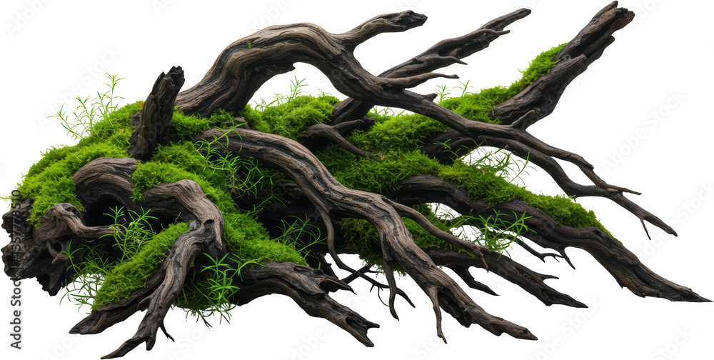 Fototapeta premium Lush Green Moss Covering Intricate Driftwood Branches for Aquarium or Terrarium Decor
