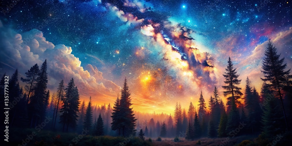 Fototapeta premium Surreal Double Exposure Landscape Wallpaper: Mystical Forest Meets Starry Night