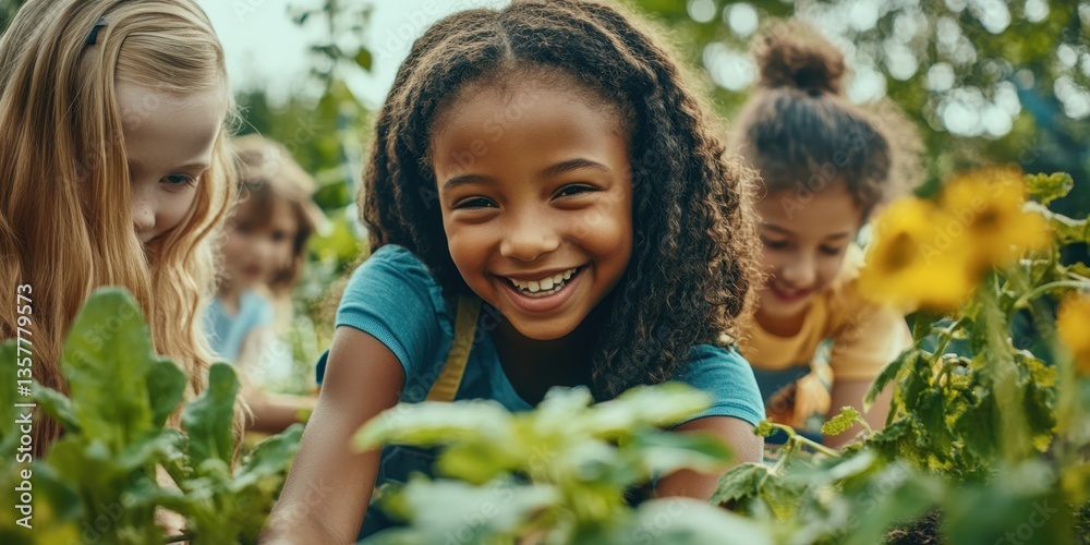 Happy young farmers: A diverse group of children beams with delight as they engage in hands-on gardening, working together to cultivate fresh produce. This shot is perfect for showcasing childhood.
