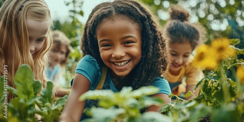 Obraz na płótnie Happy young farmers: A diverse group of children beams with delight as they engage in hands-on gardening, working together to cultivate fresh produce. This shot is perfect for showcasing childhood. w salonie