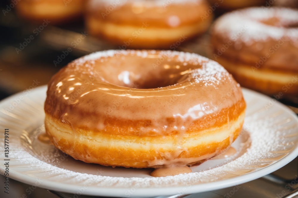 Delicious glazed donut with powdered sugar on a plate, ready to enjoy in a bakery setting Delicious glazed donut with powdered sugar on a plate, ready to enjoy in a bakery setting