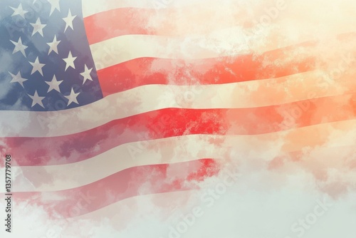 Close-up view of waving american flag with artistic watercolor effect, celebrating patriotism and national identity