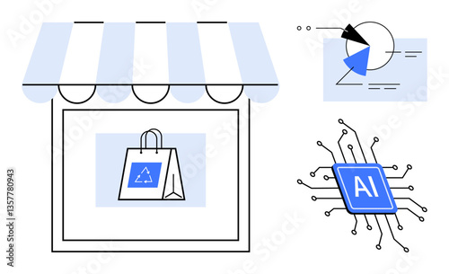 Shopping bag under storefront canopy and AI chip connected to data and analytics charts. Ideal for retail innovation, sustainability, technology, artificial intelligence, e-commerce, data analytics