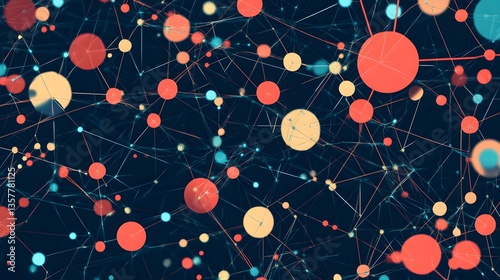 Digital Network: A complex network of interconnected nodes glows with vibrant colors against a dark background, symbolizing connectivity, data flow, and technological advancements.