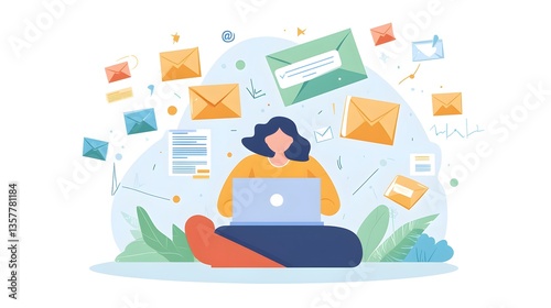 Digital Communication: A person navigates a sea of digital letters using a laptop, an artistic depiction of the modern work environment, emphasizing email correspondence