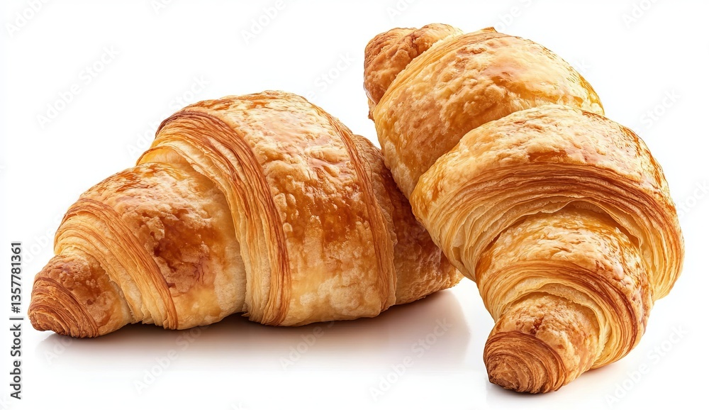 Close-up of two fresh croissants isolated on a white background with a clipping path, high-resolution photography, professional photograph, with a blank background on all sides Close-up of two fresh croissants isolated on a white background with a clipping path, high-resolution photography, professional photograph, with a blank background on all sides