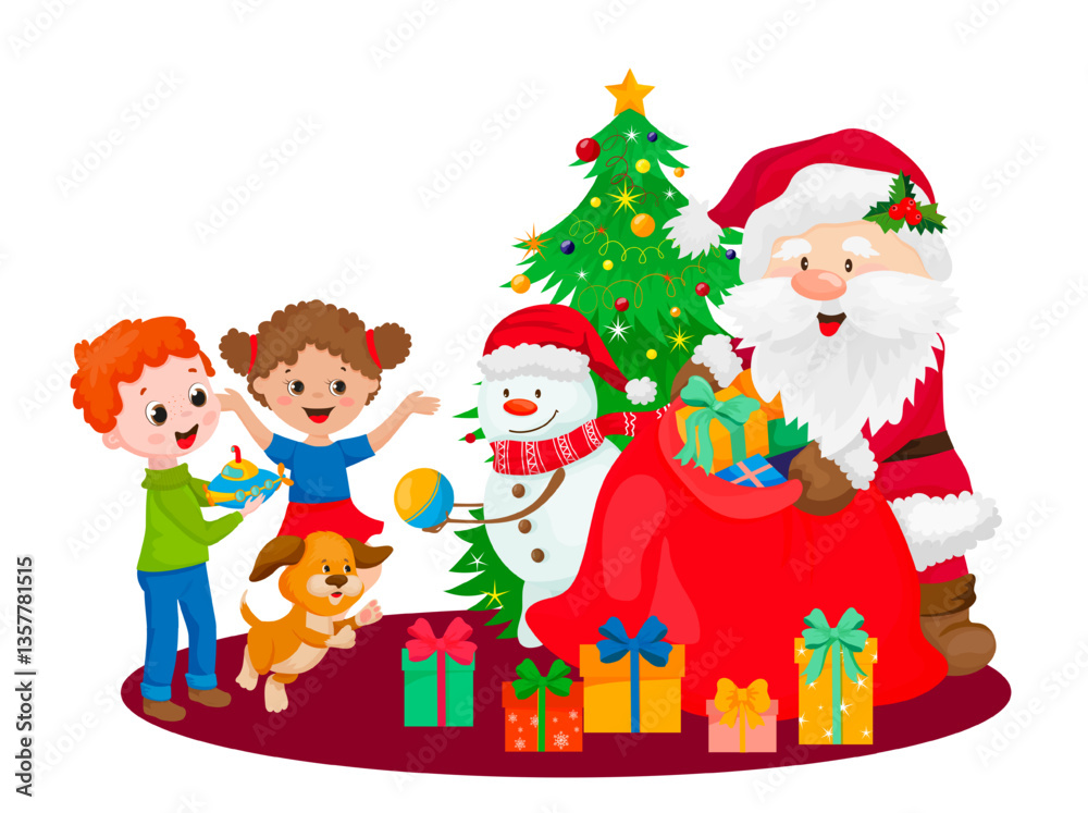 Vector illustration of Santa Claus with a group of happy children and Christmas gifts.