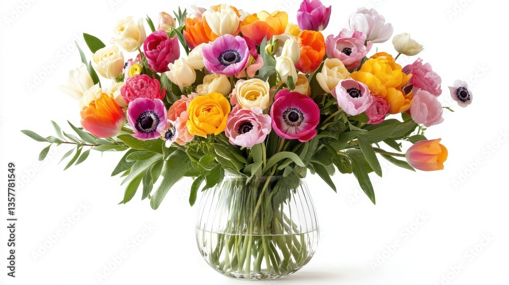 Obraz premium Vibrant Spring Bouquet: A delightful arrangement of colorful tulips, ranunculus, and anemones in a clear glass vase.