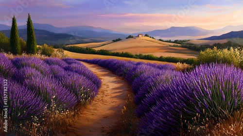 Serene Lavender Fields Pathway Leading to Farmhouse in Tuscany at Sunset