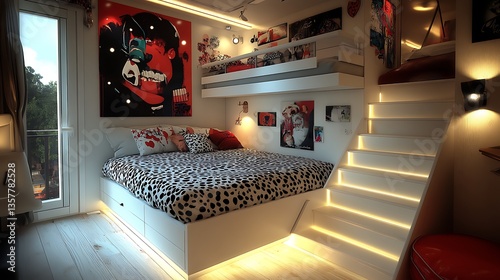 Modern Teen Girl's Bedroom With Multi Level Bed And Artistic Decor