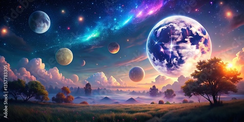 Surreal Moon Landscape: Ethereal Night Sky with Floating Celestial Bodies
