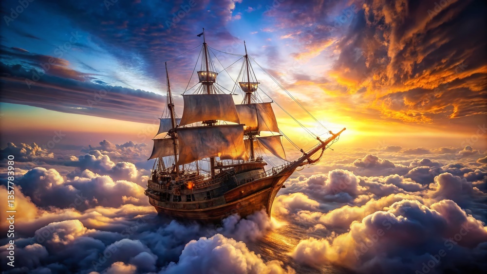 Surreal Pirate Ship Sailing on a Sea of Clouds - Fantasy Artwork Surreal Pirate Ship Sailing on a Sea of Clouds - Fantasy Artwork