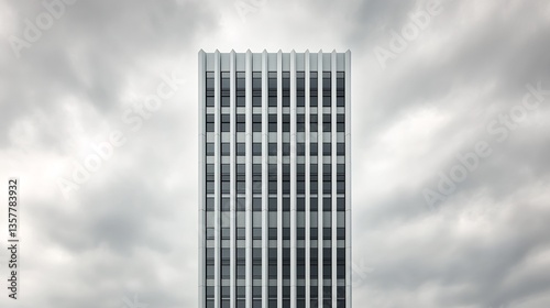 Minimalist office tower with straight lines and symmetrical window patterns against a cloudy sky