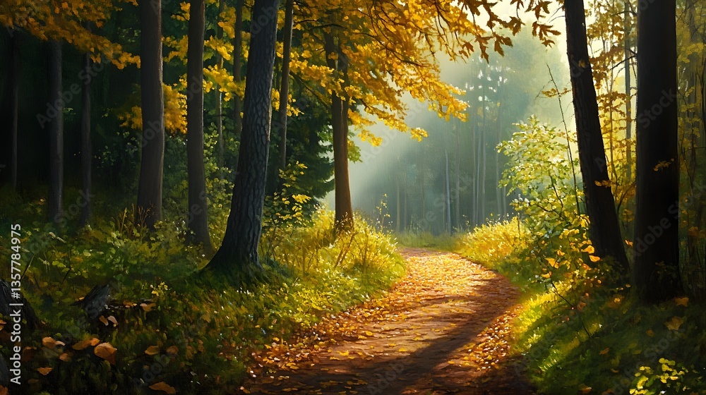 Naklejka premium Serene Autumn Forest Path Sunlight Through Trees Fall Foliage Scenery