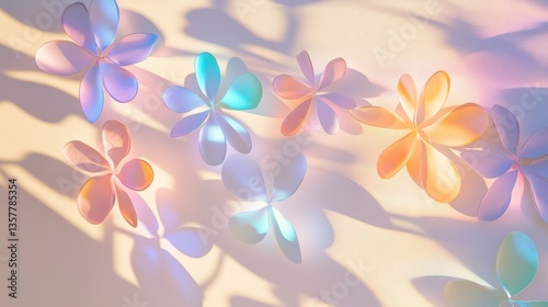 Floral Dance: Delicate, translucent flowers in a spectrum of soft pastel hues, dancing gracefully against a soft, sunlit backdrop, creating a sense of peace.
