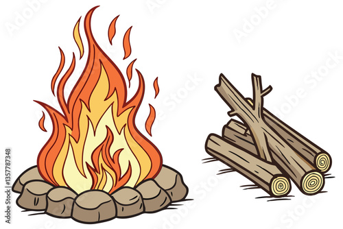6 Campfire, burning logs, vibrant flames, crackling fire, wood pile, embers, warm glow, outdoor scene, detailed realism, white background, side-by-side comparison, camping aesthetic, heat visualizatio