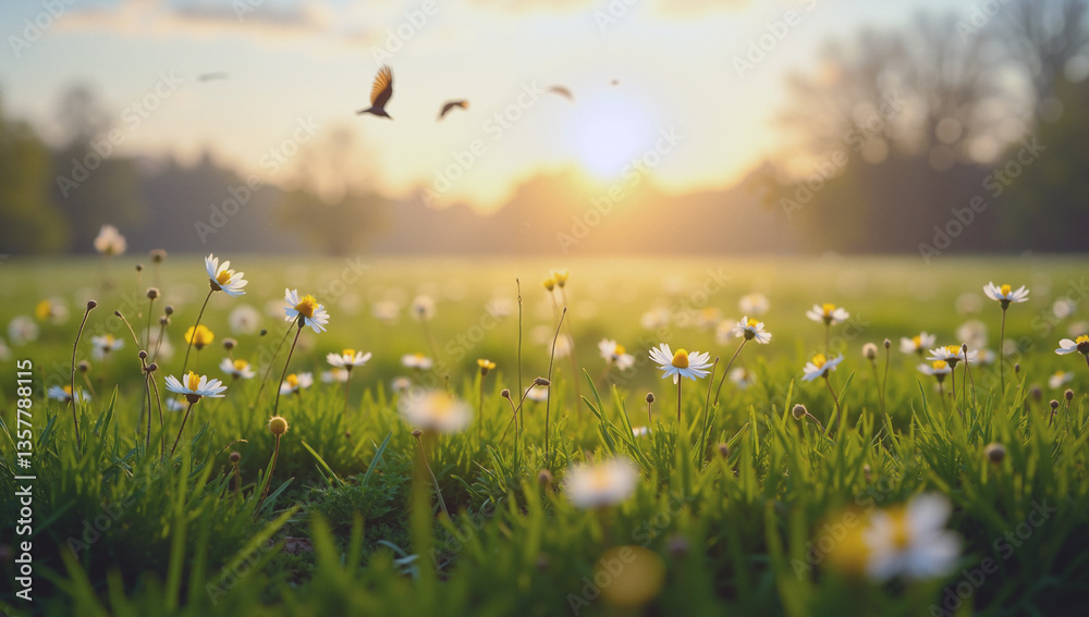 Fototapeta premium A meadow in early spring, with delicate wildflowers starting to bloom, dewdrops on the grass, and a soft sunrise in the background. Birds are beginning to fly through the sky.