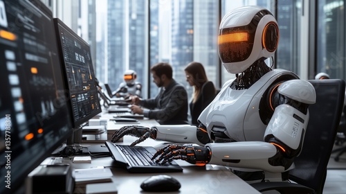 A smart office with robots and humans working together on AI-driven business projects