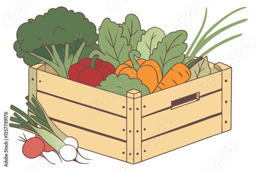 7 Wooden crate, fresh vegetables, colorful produce, vibrant colors, broccoli, carrots, bell peppers, radishes, lettuce, farm-to-table, organic food, healthy eating, rustic, high-resolution, detailed t