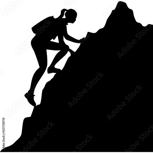 Silhouette of woman climbing mountain with backpack
