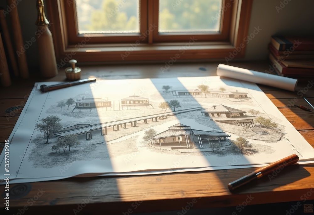 Obraz premium detailed blueprints spread rustic wooden drafting table artist architectural design workspace, architecture, paper, pen, tools, layout, measurements