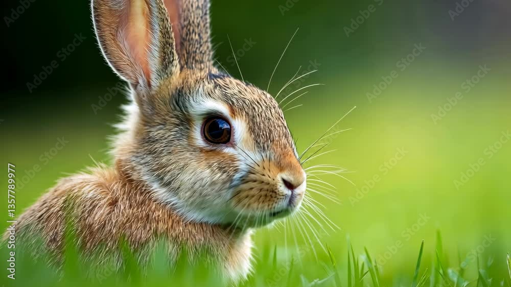 A rabbit is standing in the grass with its head up.