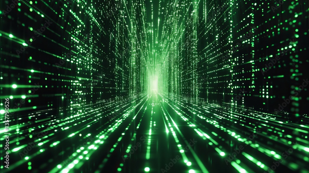 Cyber Tunnel with Glowing Matrix Code and Green Light.