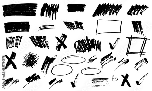 A set of black texture brushes on a white background. Hand-drawn sketches in the form of doodles, brush strokes, frames, and check marks. Abstract vector brushes drawn with pencil, marker, acrylic.