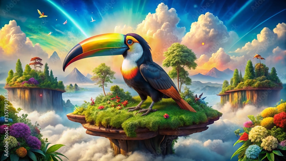 Fototapeta premium Vibrant Cartoon Toucan Bird in Surreal Dreamland Setting