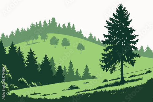 8 Lush green hilltop, dense pine forest, evergreen trees, rolling grassy meadow, isolated landscape, vibrant nature, panoramic view, serene wilderness, sunlit glade, natural border, coniferous treelin