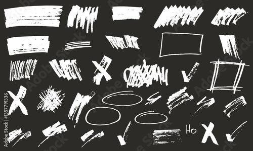 A set of white texture brushes on a black background. Hand-drawn sketches of doodles, brush strokes, lines, frames, and check marks. Abstract vector brushes drawn with pencil, marker, acrylic.
