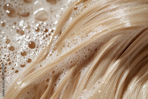 Close-up of blonde hair being washed with shampoo in a bathtub, with bubbles and foam on top of the long, straight hair against a green background