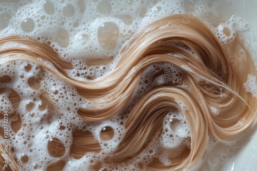 Close-up of blonde hair being washed with shampoo in a bathtub, with bubbles and foam on top of the long, straight hair against a green background