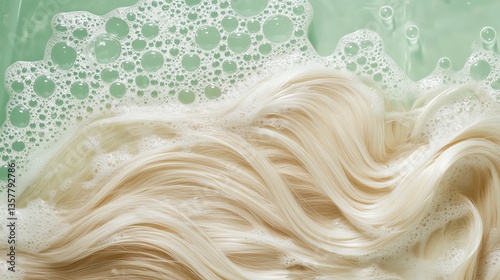 Close-up of blonde hair being washed with shampoo in a bathtub, with bubbles and foam on top of the long, straight hair against a green background