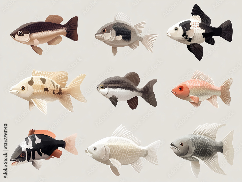Fototapeta premium Icônes de poissons en 3D sur fond blanc