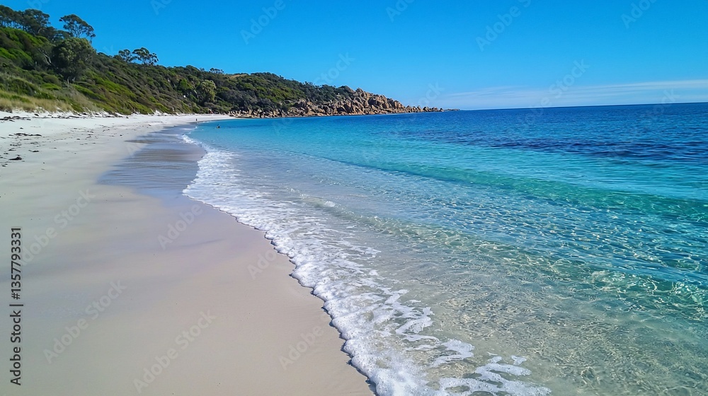 Fototapeta premium Idyllic coastal scene featuring tranquil waters and pristine sands on a sunny day