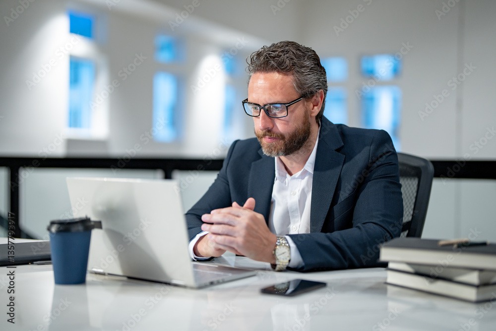 Handsome 40s business man working with laptop in office. Gray hair mature business man director using laptop. Millennial manager at office workplace. Ceo office workers business people at office.