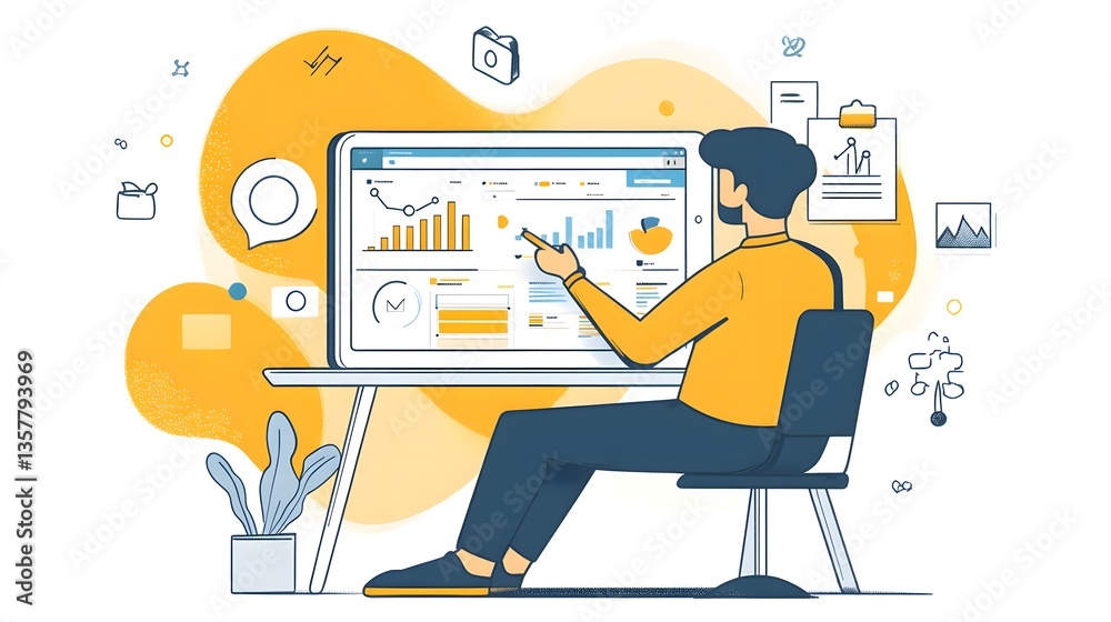 Fototapeta premium Analyzing Data and Business: An illustration of a professional meticulously analyzing data, the scene is set with abstract shapes that provide a modern and engaging visual narrative.