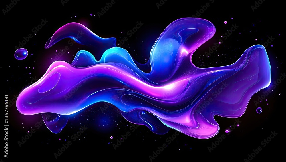 Abstract cosmic fluid, vibrant purple and blue swirls on black