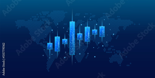 A 3D digital stock market candle isolated on a technological background of a blue global map. Abstract low-poly graphic.
