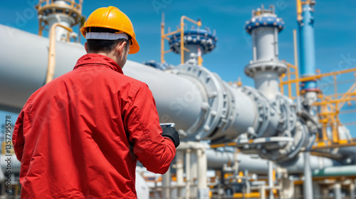 Gas pipeline, critical component of natural gas processing facility. Transportation and processing of natural gas. Worker inspecting gas pipeline at industrial plant with a digital tablet