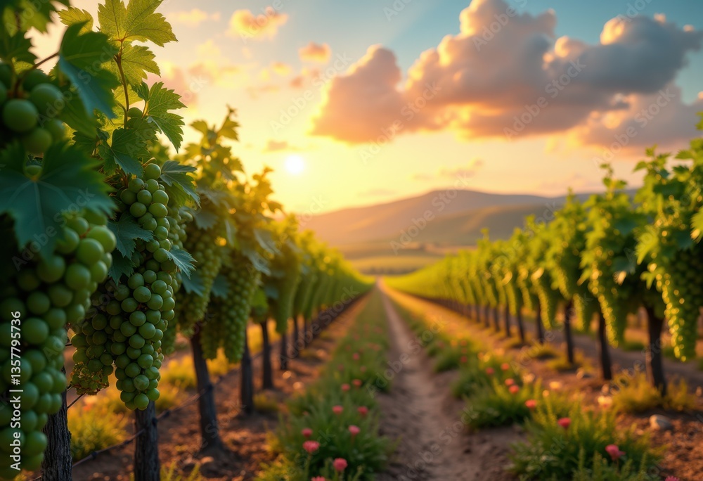 Fototapeta premium stunning vineyard landscapes showcasing lush grape clusters amidst rolling hills breathtaking skies, grapes, sky, sunlight, nature, field, plant