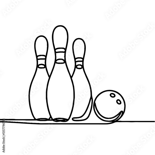 Single line art illustration of three bowling pins and a ball, minimalistic style, monochromatic black and white, represents fun and sports concept of bowling alley or gaming center
